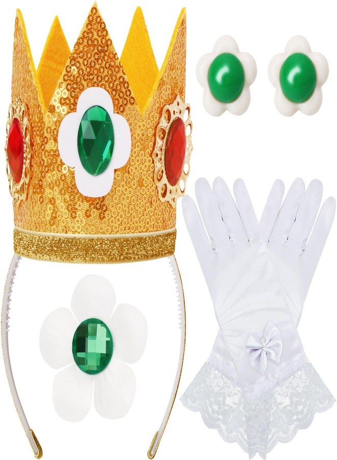 ICECUTE 4 PCS Princess Crown Accessories Kit,Include Crown/Brooch/Earring/Gloves,Princess Costume Accessories for Kids Girls Gold - Image 1